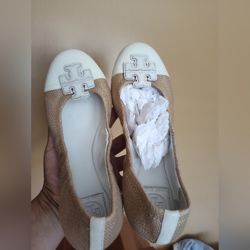 Tory Burch Tan and White Loafers